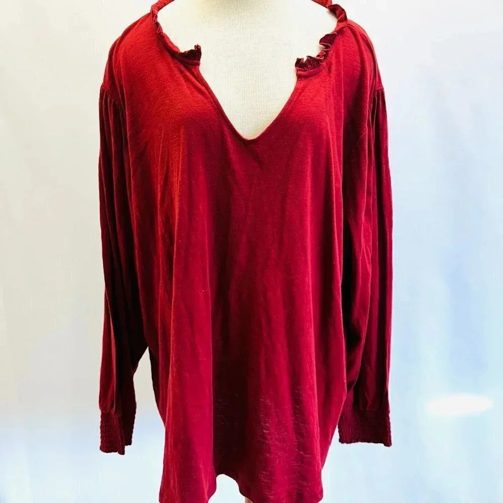 NWT SONOMA Women Long Sleeve Pullover Collarless V-Neck Cotton Red Shirt Size 4X